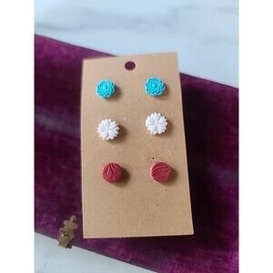 Polymer Clay Floral Stud Earrings New, Set Of Three